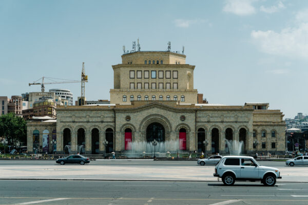 Typical Lada car in front of Republic Square in Yerevan, one of the most popular squares